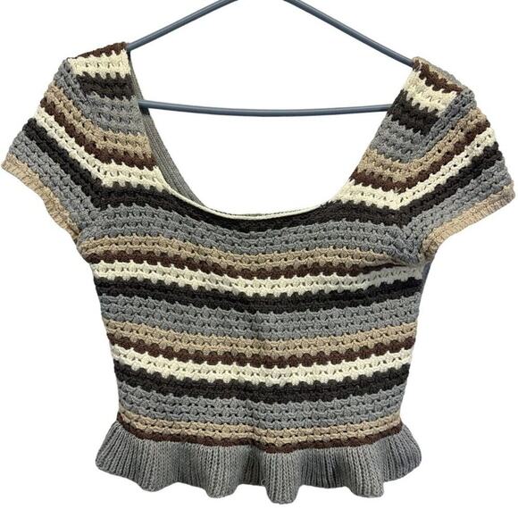 Promesa Crochet Cropped Knit Sweater T Sm Multi Color Earth Tones Wide Neck - Picture 1 of 5